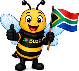 Buzz the bee waving the South African flag