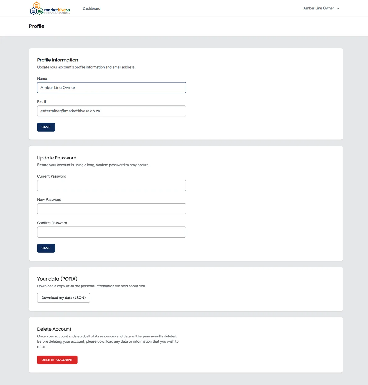 The profile page, with sections for updating your name and email, changing your password, and deleting your account.