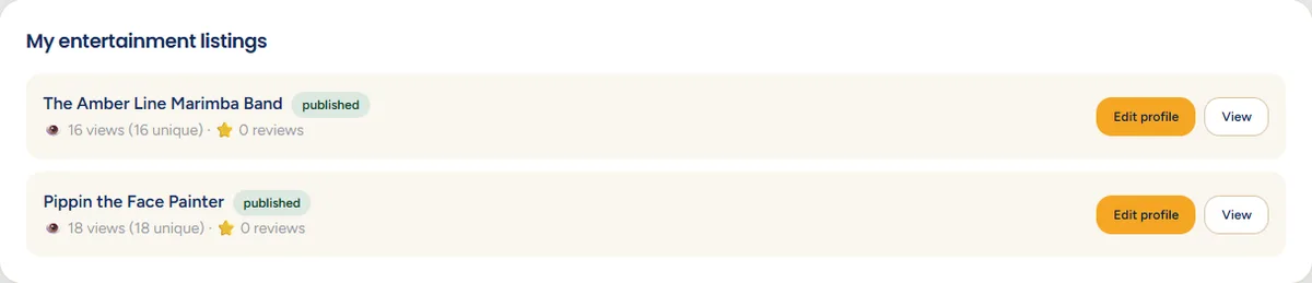 A panel headed 'My entertainment listings' showing a published act with view counts, and Edit profile and View buttons.