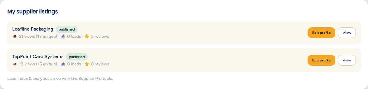 A panel headed 'My supplier listings' showing a published supplier with view counts and lead counts, and Edit profile and View buttons.