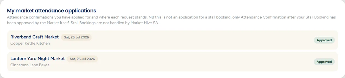 A panel headed 'My market attendance applications' listing markets with dates and status labels reading Approved.