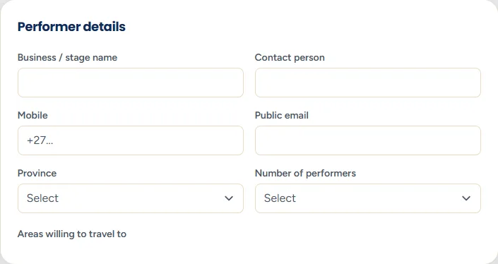 The Performer details section with boxes for business name, contact person, mobile number, public email, province and travel areas.