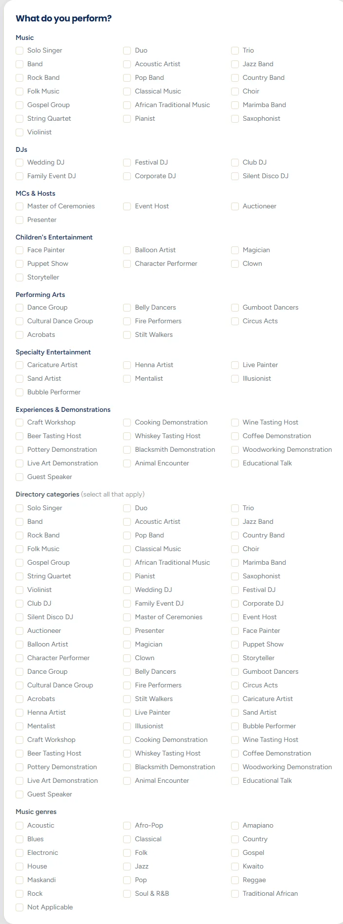The 'What do you perform?' section with grouped performance category tick boxes and music genre tick boxes.