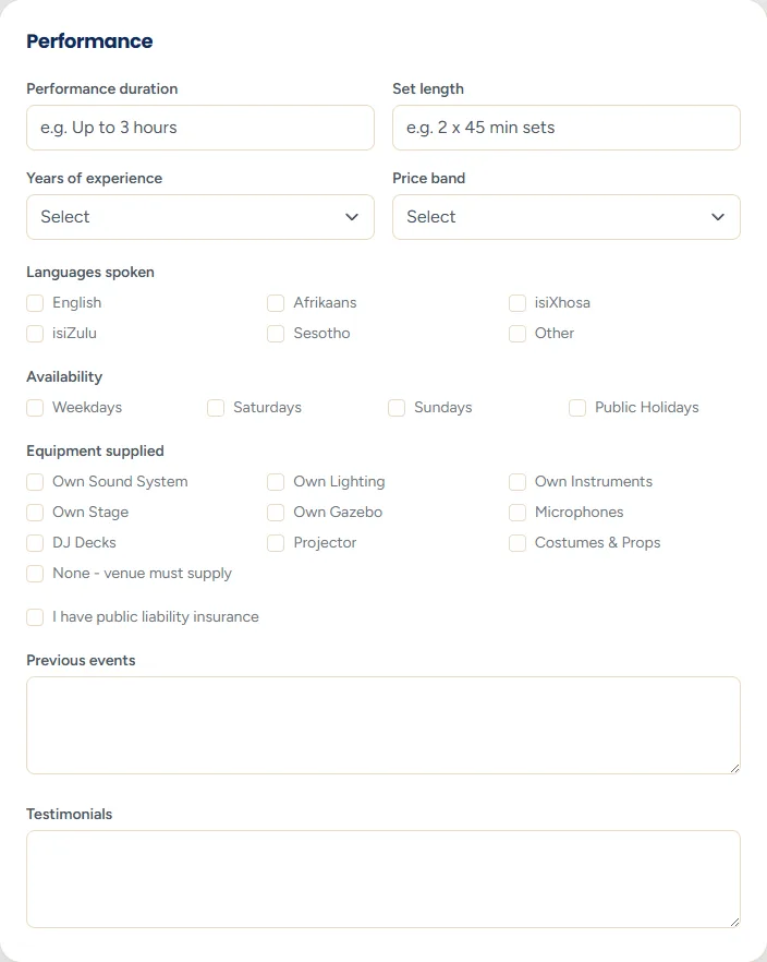 The Performance section with fields for performance duration, set length, number of performers, languages, years of experience, previous events, testimonials, public liability insurance, equipment supplied, price band and availability.