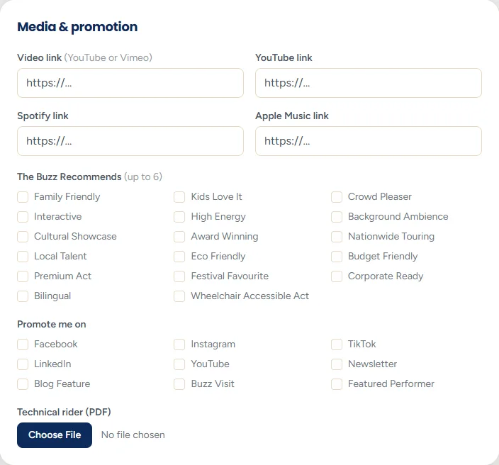 The Media and promotion section with boxes for a video link, Spotify, YouTube and Apple Music links, marketing channel tick boxes and a technical rider upload.