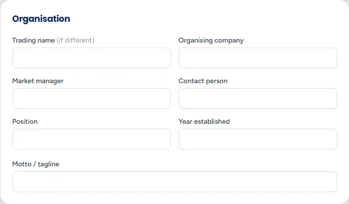 The Organisation section with boxes for organising company, market manager, tagline and year established.
