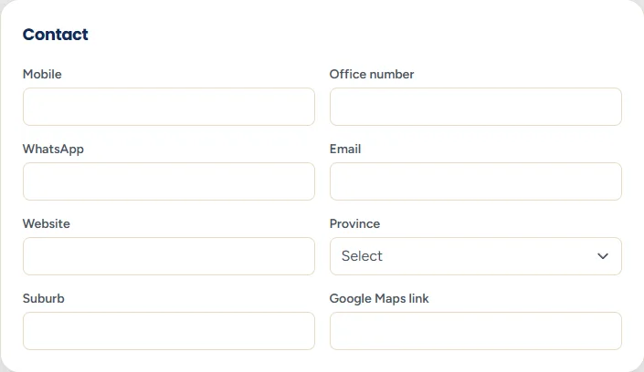 The Contact section with boxes for contact person, position, mobile, office phone, WhatsApp, public email and website.