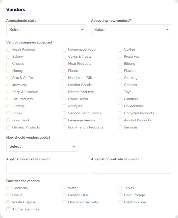 The Vendors section with a drop-down for whether you are accepting vendors, tick boxes for the vendor categories you want, and a choice of how vendors should apply.