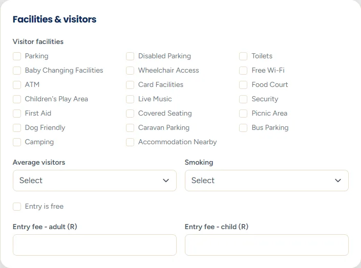 The Facilities and visitors section with tick boxes for market facilities, tick boxes for what vendors are provided with, a visitor numbers drop-down, entry fee boxes and a smoking policy.