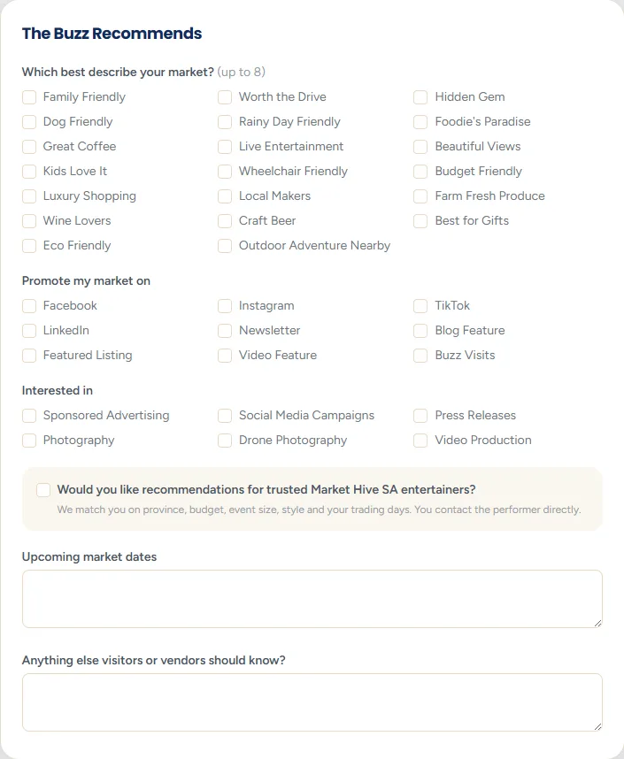 The Buzz Recommends section asking whether you would like recommendations for trusted entertainers, with a budget drop-down and music style tick boxes.