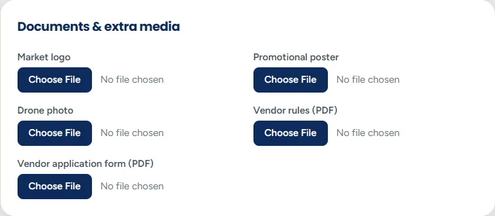 The Documents and extra media section with upload boxes for a logo, a drone photo, a poster, market rules and a vendor application form.