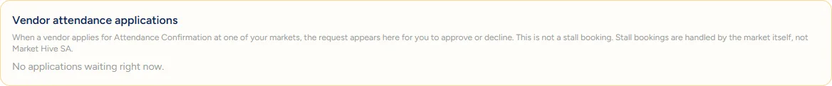 A gold-bordered block headed 'Vendor attendance applications', explaining that when a vendor applies for Attendance Confirmation the request appears there to approve or decline.
