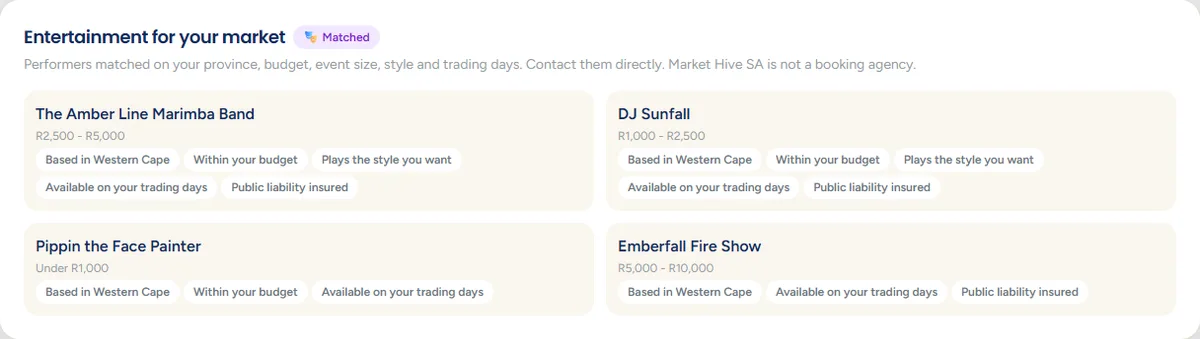 A dashboard panel headed 'Entertainment for your market' showing matched acts with small tags giving the reasons each one matched.