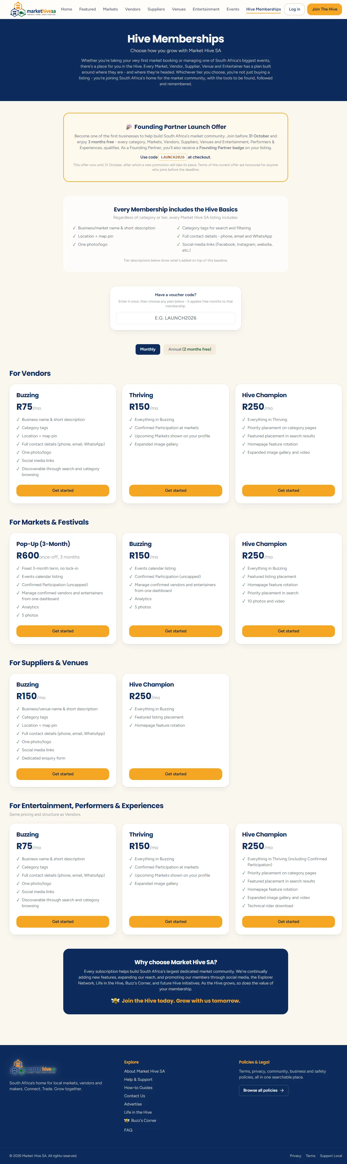 The membership page showing plan cards grouped by audience, each with a name, a price and a list of what it includes.