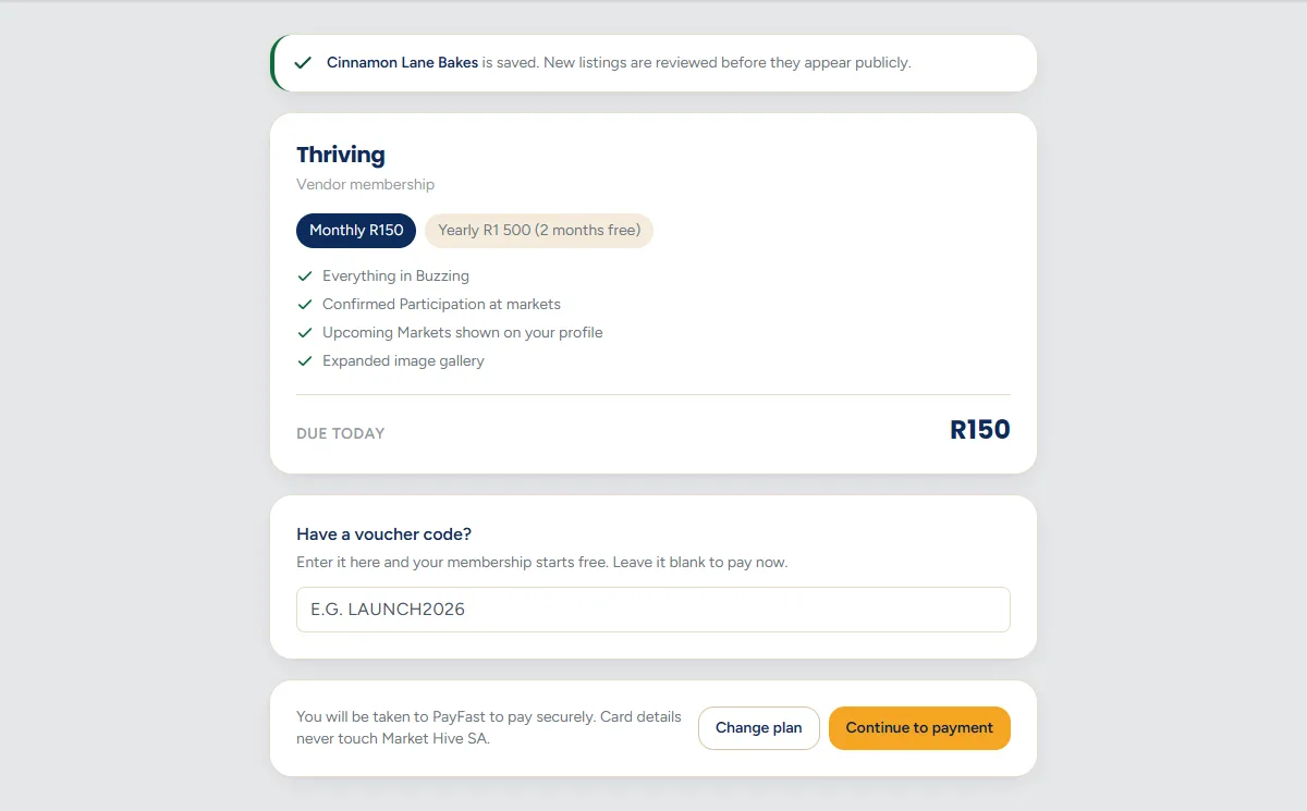 The checkout screen showing the plan name, a monthly or yearly toggle, the list of features, the amount due today, a voucher code box and a Continue to payment button.