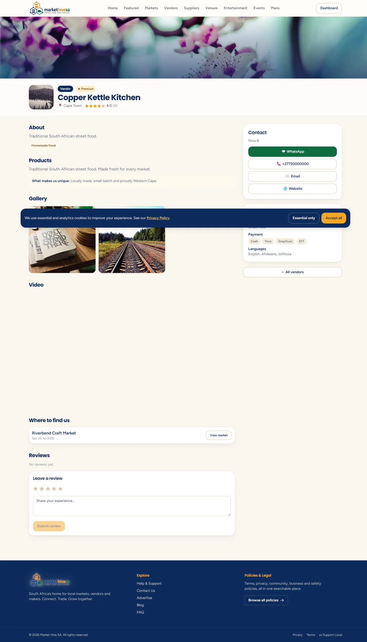 A finished public vendor page showing a banner, logo, description, product gallery, contact buttons and the markets the vendor attends.
