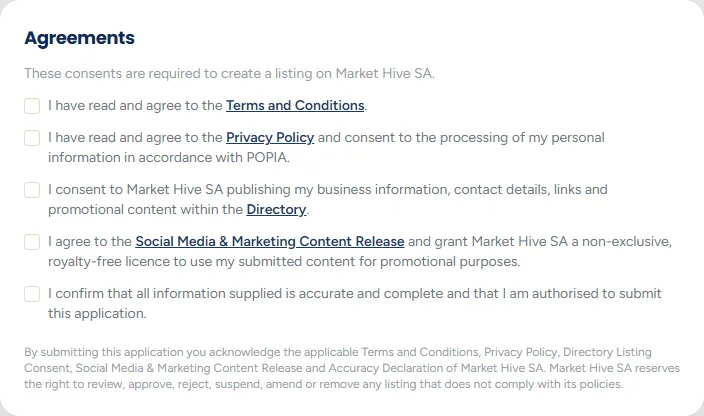 The Agreements section with five compulsory tick boxes.