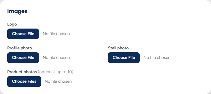 The Images section with a Choose File button for the main image and another for a gallery of up to ten photos.