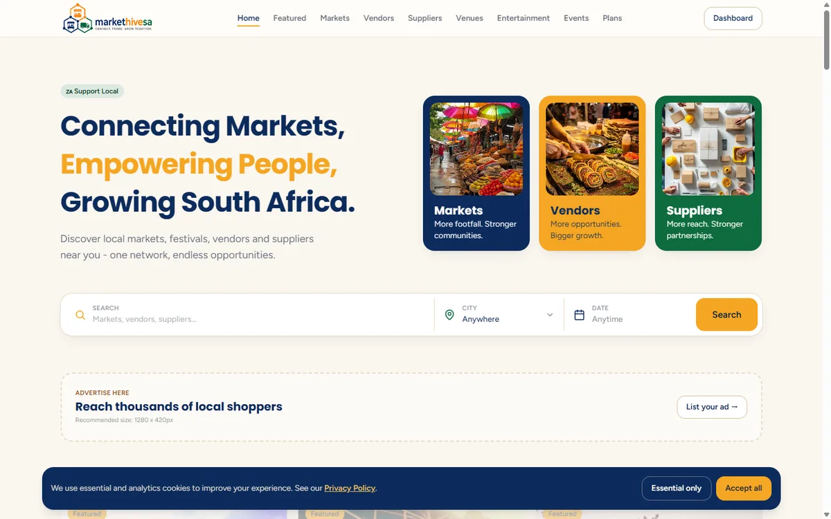 The Market Hive SA front page, showing the search bar and the main menu across the top.