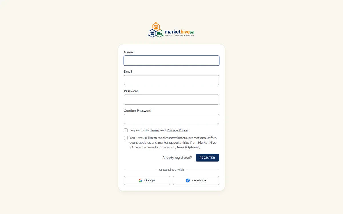 The registration form with boxes for name, email address, password and password confirmation, plus consent tick boxes underneath.