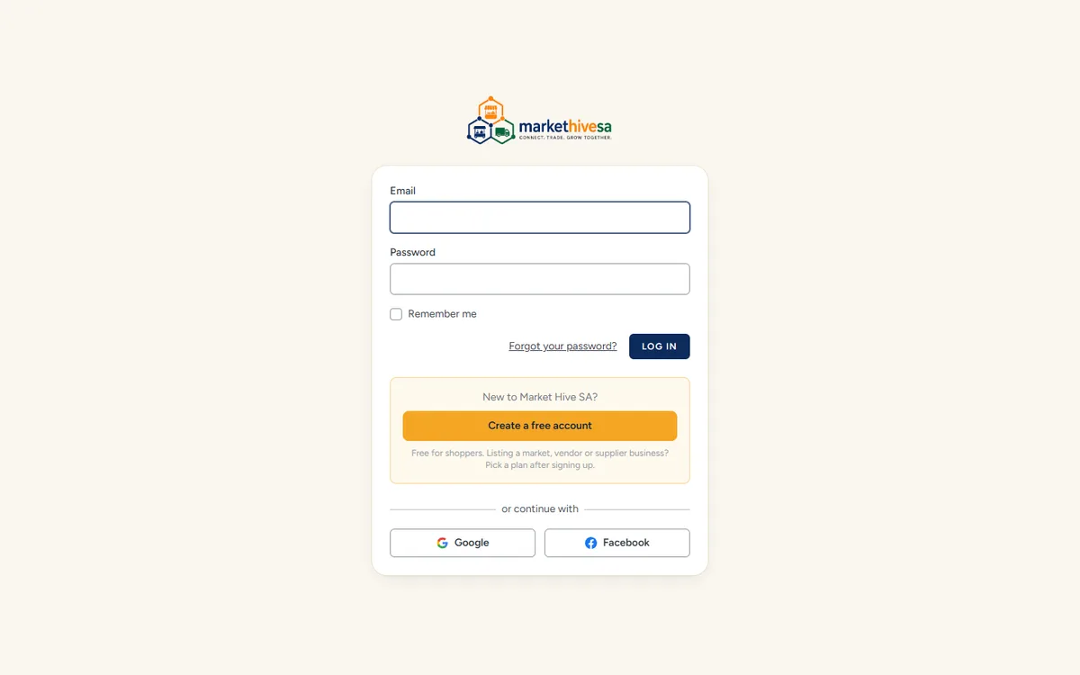 The log-in page with email and password boxes, and a panel underneath headed 'New to Market Hive SA?' with a 'Create a free account' link.