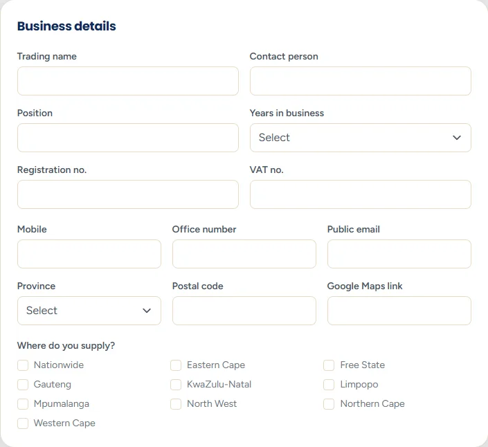 The supplier Business details section with boxes for trading name, contact person, position, registration number, VAT number, years in business, mobile, office phone and public email.
