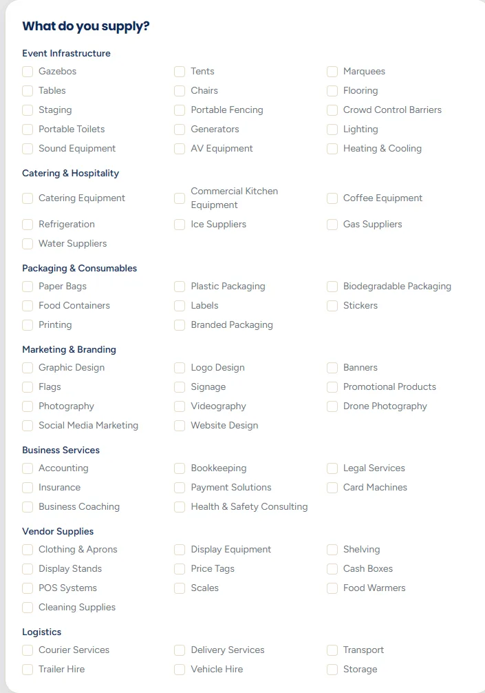 The 'What do you supply?' section with grouped category tick boxes, tick boxes for who you supply to, and tick boxes for service areas.