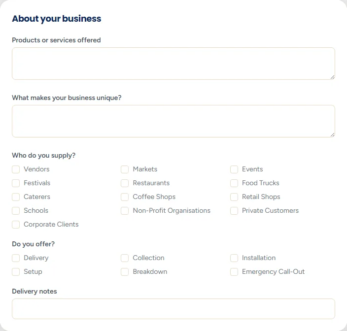 The 'About your business' section with large text boxes for products and services, what makes the business unique, delivery information and additional information.