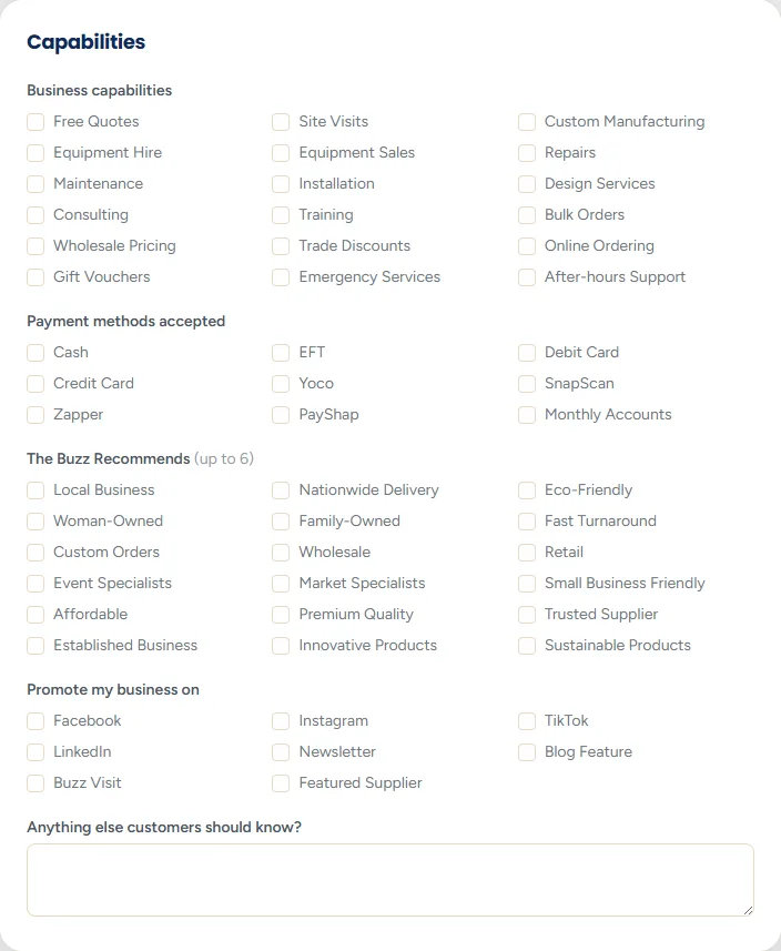 The Capabilities section with tick boxes for delivery options, payment methods accepted and other capabilities.