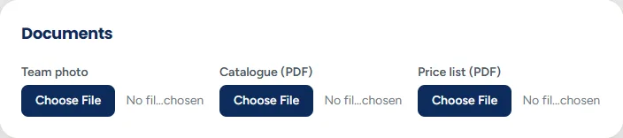 The Documents section with a team photo upload and file uploads for a catalogue and a price list.