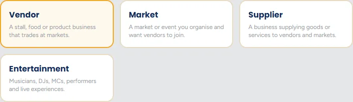 Four buttons labelled Vendor, Market, Supplier and Entertainment.