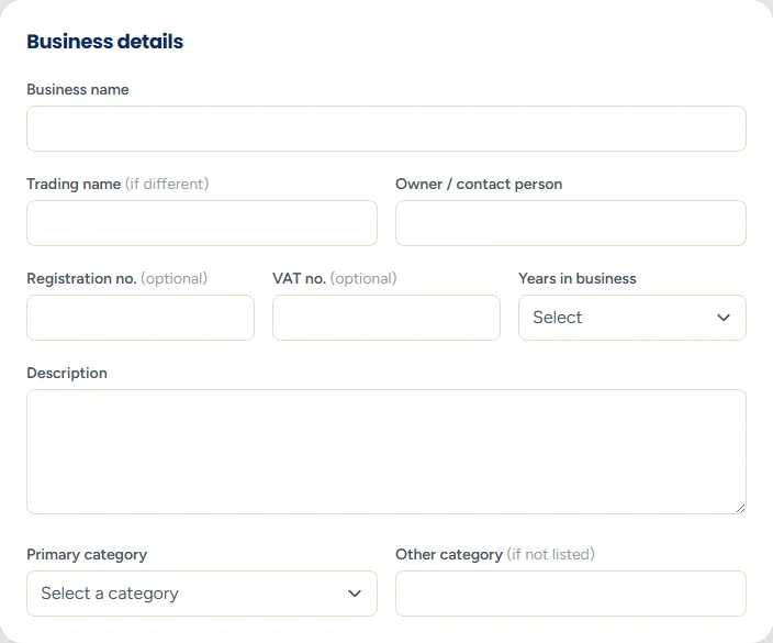 The Business details section with boxes for business name, trading name, description, category and additional categories.