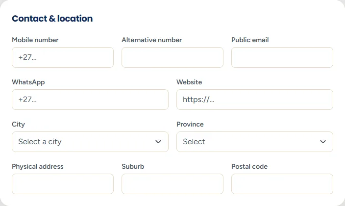 The Contact and location section with boxes for contact person, mobile number, alternative number, public email, website, WhatsApp, province, city, suburb, address and postal code.