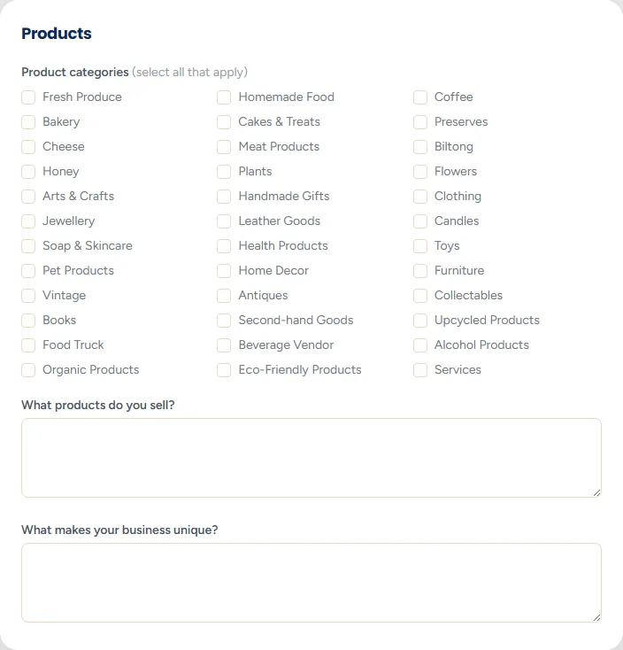The Products section with large text boxes for what you sell and what makes your business unique, plus a price range drop-down and payment method tick boxes.