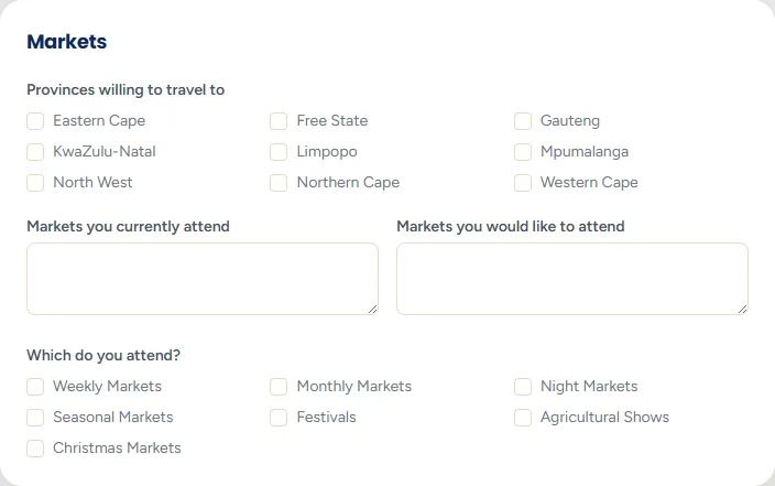 The Markets section with text boxes for markets you currently trade at and markets you would like to join, plus tick boxes for the types of market you attend and the provinces you travel to.