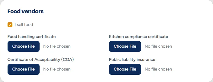 The Food vendors section with the 'I sell food' box ticked, revealing four file upload boxes: food handling certificate, kitchen compliance certificate, Certificate of Acceptability, and public liability insurance.