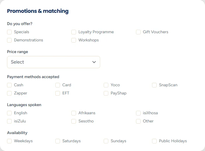 The Promotions and matching section with tick boxes for promotions offered, languages spoken, and availability.
