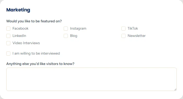 The Marketing section with tick boxes for the channels the business uses, such as Facebook, Instagram and WhatsApp.