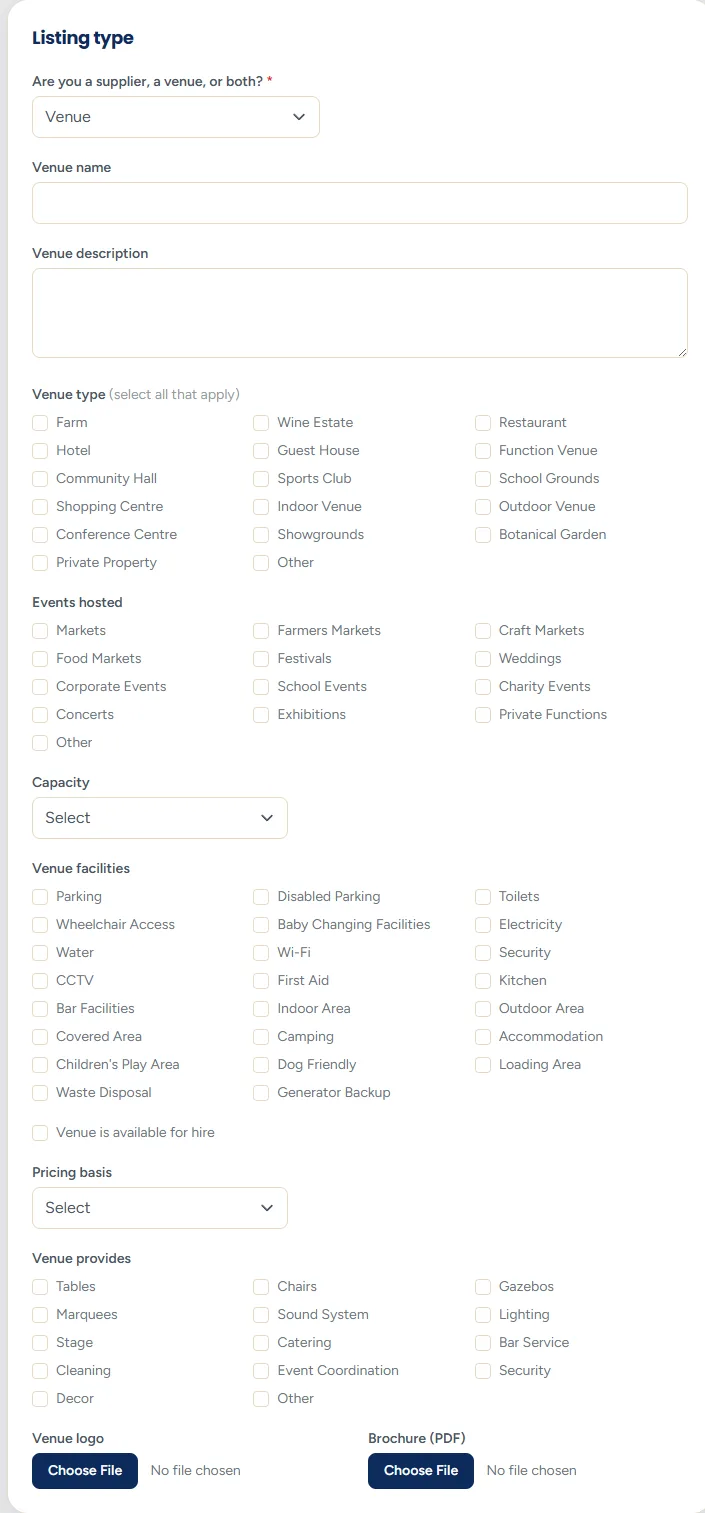 The expanded venue section with boxes for venue name, venue description, venue types, event types, capacity, facilities, whether it is for hire, pricing basis, what the venue provides, and uploads for a venue logo and brochure.